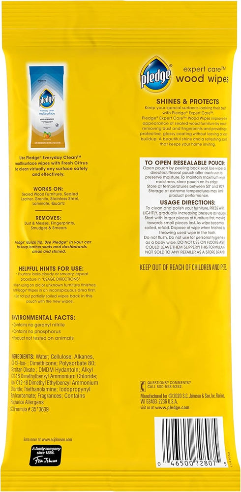 Pledge Expert Care Wood Wipes, Shines and Protects, Removes Fingerprints, Lemon Scent, 24 Count (Pack of 6)