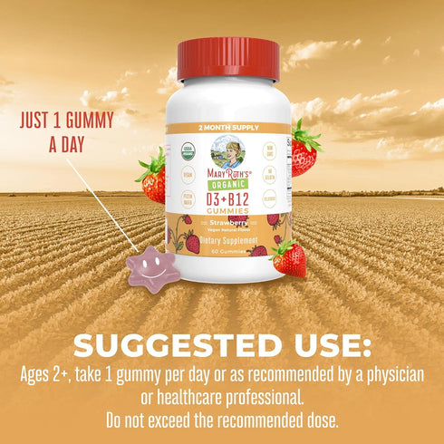 Mary Ruth's Vitamin D3 + B12 Gummies, USDA Organic, 60 Servings for Bone Health and Energy Boost