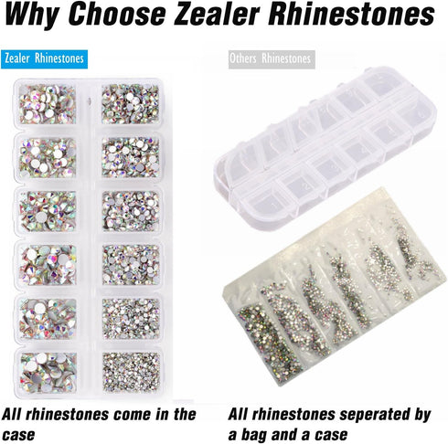 Zealer 1800pcs Crystals AB Nail Art Rhinestones, Round Beads, Flatback Glass Charms for Nails, Crafts, 300pcs Each