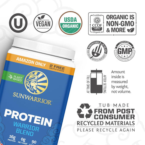 Sunwarrior Vegan Protein Powder - Chocolate, 32 Servings, USDA Organic, Keto Friendly, Non-GMO