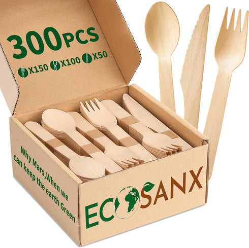 300 PCs Disposable Wooden Cutlery Set | 6.5" Compostable Utensils, Biodegradable, Eco-Friendly | 100% All-Natural