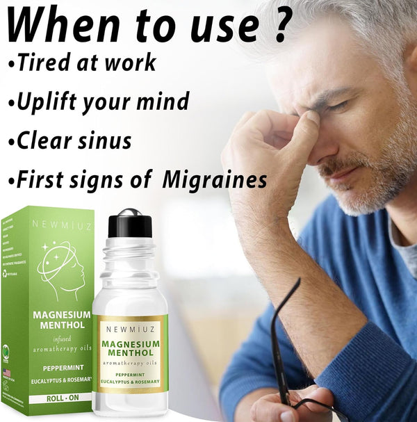 Magnesium Menthol Migraine Roll on Stick - Natural Fast Acting & Cooling Relief Peppermint Eucalyptus Aromatherapy