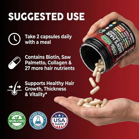 Horsetail D3 B12 Hair Growth Supplement For Men | Biotin Hair Vitamins Collagen Pumpkin Seed Saw Palmetto Iron Ginseng
