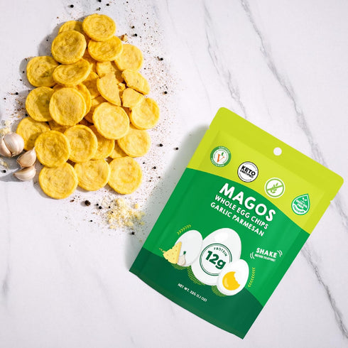 Pack 1.1 oz (12-Pack) Magos Egg Chips Variety Healthy Snack, High Protein Low Carb, Light Cracker-Style Crunch, Bags