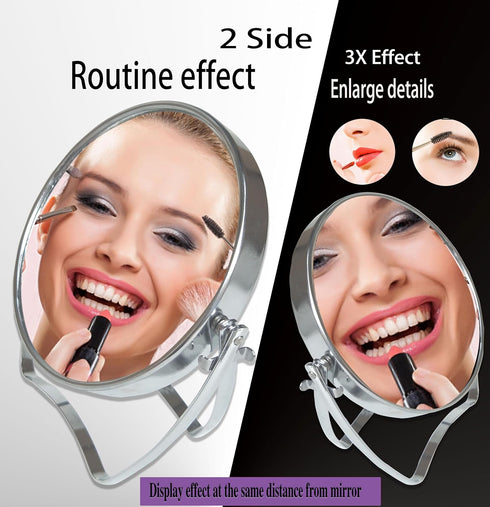 WMugthome Portable Round Makeup Mirror - Two-Sided 4-In/6-in with Handle, 1X and 3X Magnification, Silver