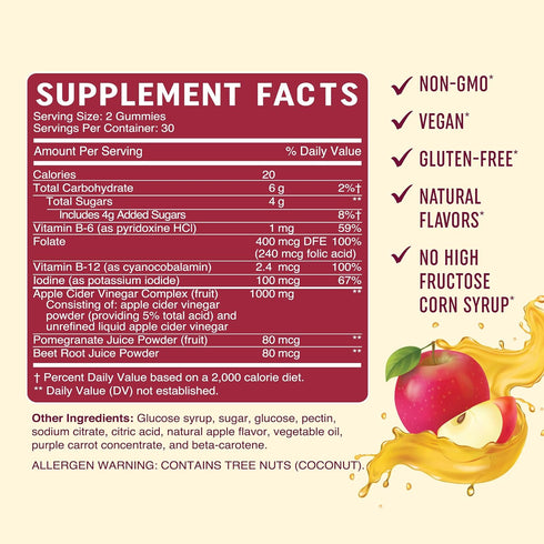 Organic Apple Cider Vinegar Gummies - 60 Ct - with B6, B12 & Folate - Weight, Digestion, Detox Support