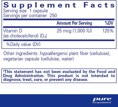 Pure Encapsulations Vitamin D3 25 mcg (1,000 IU) - 250 Capsules for Bone and Immune Health