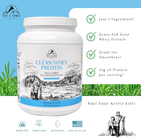 Mt. Capra Since 1928 Clean Whey Protein, Grass-Fed Undenatured Goat Whey Protein Powder, 24g Protein, 16 Ounce