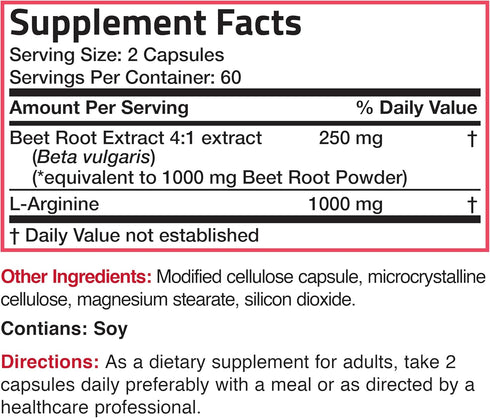 Bronson Beet Root + L-Arginine 2000 MG Nitric Oxide Production Supplement, Non-GMO, 120 Vegetarian Capsules