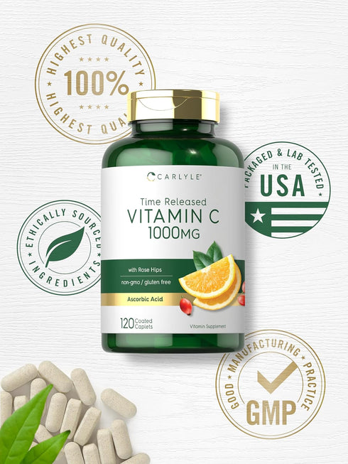 Carlyle Vitamin C 1000mg, Timed Release, 120 Vegetarian Caplets with Rose Hips, Non-GMO & Gluten Free Supplement