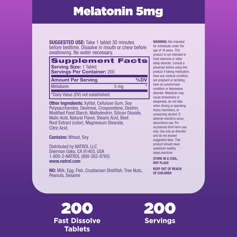 Natrol Sleep Melatonin 5mg Fast Dissolve Tablets - 200 Strawberry-Flavored Tablets, Nighttime Sleep Aid for Adults