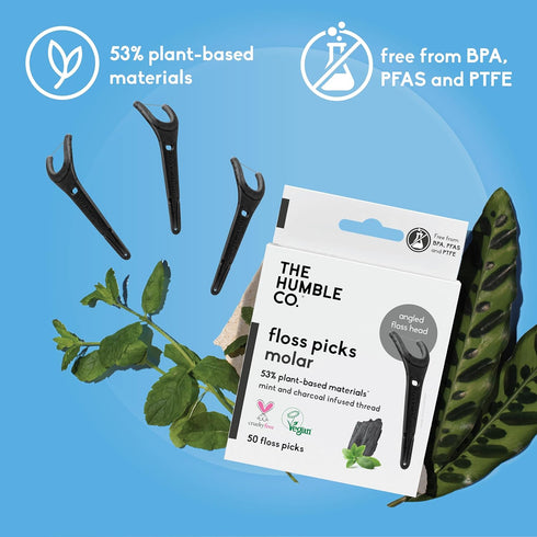 The Humble Co. Charcoal Floss Picks (200 Count) – Plant Based Dental Floss Picks with Grip Handle for Oral Care
