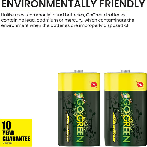 GoGreen Power (24004) Eco-Friendly Alkaline D Batteries, No Lead, Cadmium or Mercury, Pack of 2