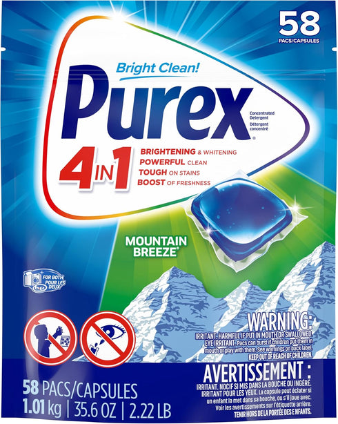 Purex 4-in-1 Laundry Detergent Pacs, Mountain Breeze, 58 Count