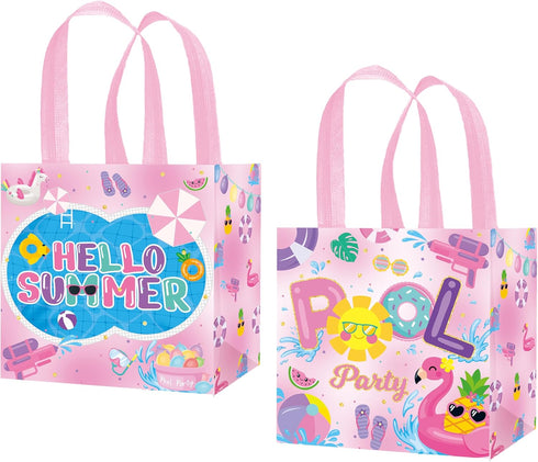 C L cooper life 12pcs Summer Pool Party Gift Treat Bags, Pink Hello Summer Theme Non-Woven Bags for Girls