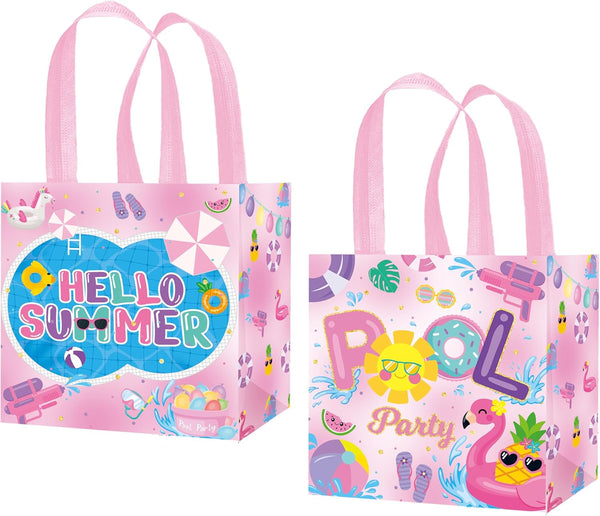 C L cooper life 12pcs Summer Pool Party Gift Treat Bags, Pink Hello Summer Theme Non-Woven Bags for Girls