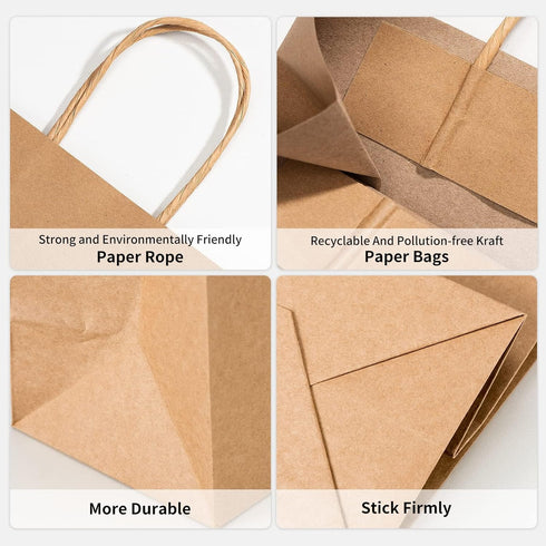 RACETOP 50Pcs Brown Gift Bags with Handles, 8x4.5x10.8 Inch Kraft Paper Bags, Bulk Gift Bags for Craft and Retail
