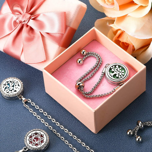MTLEE 6 Set 40 Pcs Essential Oil Diffuser Necklace Bracelet for Women Stainless Steel Locket Pendant Adjustable