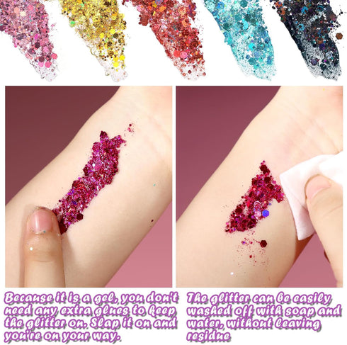 Teenitor Body Glitter Face Glitter Makeup, 12 Colors Face and Body Glitter Gel for Hair and Makeup
