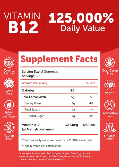 Lunakai Extra Strength 3000mcg Vitamin B12 Gummies | US Made | Vegan B12 Methylcobalamin Supplement | 60ct for Daily
