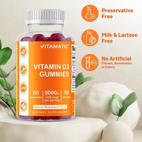 Vitamatic 2 Pack Vitamin D3 Gummies - 5000 IU Per Gummy, 120 Count for Healthy Bones, Teeth, Mood