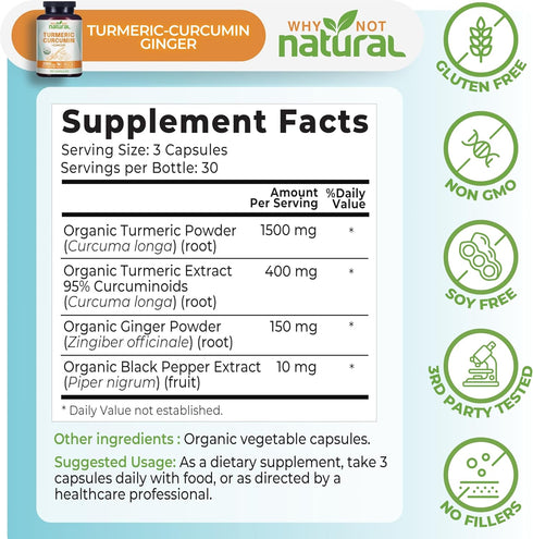 Organic Turmeric Curcumin Supplement in Capsules with Ginger and Black Pepper - Tumeric