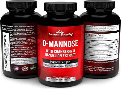 Divine Bounty D-Mannose Capsules - 600mg D Mannose Powder with Cranberry and Dandelion Extract, 120 Veggie Capsules