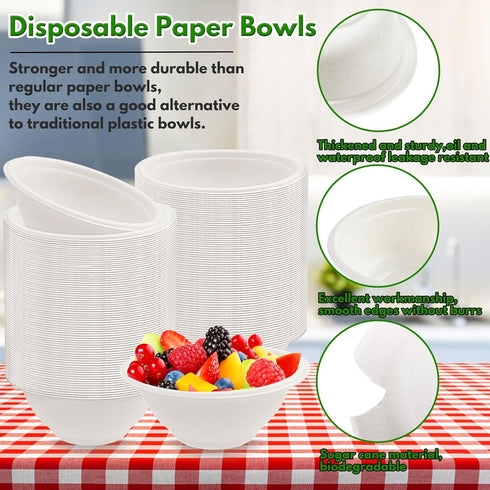 200 PACK 8 oz Paper Bowls, Compostable Disposable Heavy-Duty Biodegradable Bowls for Salad, Cereals, Snacks