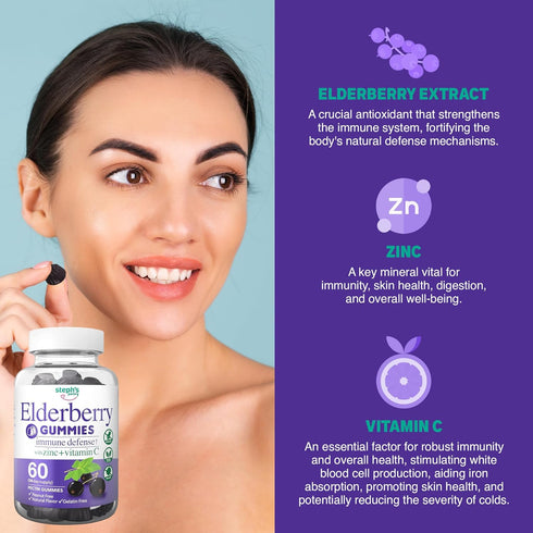 Elderberry Gummies with Vitamin C and Zinc, Immune Booster for Adults and Kids, Vegan Natural Ingredients, 120 Gummies