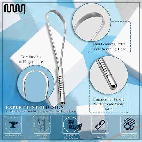 MasterMedi Tongue Scraper, 100% Stainless Steel, Bad Breath Treatment for Adults & Kids, Ergonomic Design for Oral Care