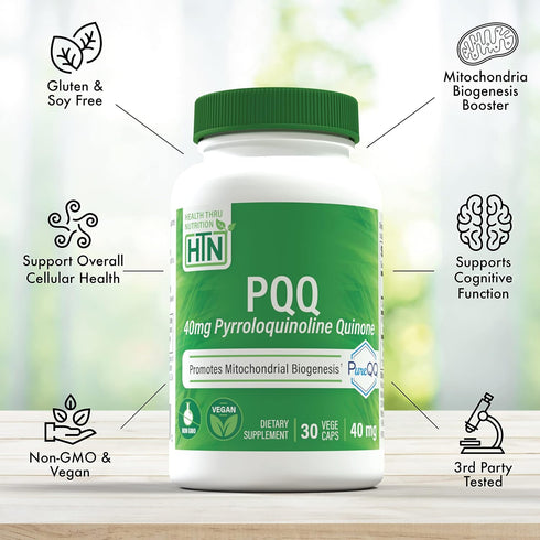 Health Thru Nutrition PQQ 40mg - 30 Servings of Pyrroloquinoline Quinone as PureQQ - Certified Vegan Capsules