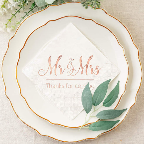Crisky Wedding Napkins Mr Mrs Rose Gold Cocktail Beverage Dessert Napkins for Wedding Table Decoration, 100 Pcs, 3-Ply