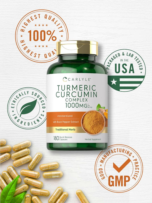 Carlyle Turmeric Curcumin with Black Pepper 1000mg | 180 Capsules | Non-GMO, Gluten Free Complex Supplement