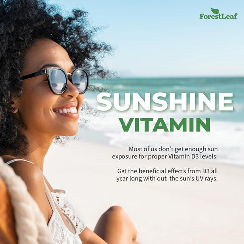 ForestLeaf Vitamin D3 5000 IU, Bone Health and Immune Support, 180 Easy to Swallow Vegetable Capsules
