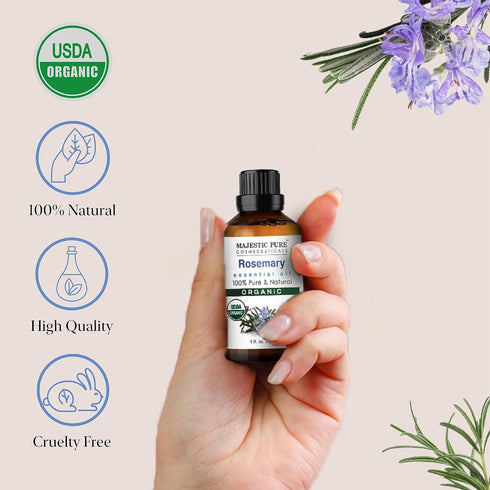 Majestic Pure USDA Organic Rosemary Essential Oil, 100% Premium Grade for Hair Growth, Skin, Aromatherapy, 1 fl oz