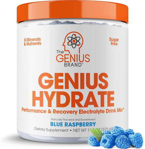 Genius Hydrate Powder Drink Mix - Blue Raspberry, 50 Servings, Natural Electrolyte Hydration Booster, Sugar Free