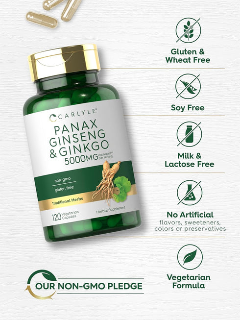 Carlyle Panax Ginseng + Ginkgo Biloba | 120 Vegetarian Capsules | 5,000mg, Non-GMO, Gluten Free