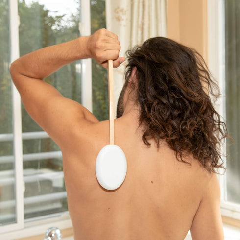 Lotion Applicator for Back, Legs, Feet - Sunscreen Applicator, Long Curved Wooden Handle Body Brush