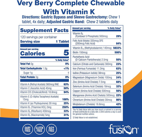 Bariatric Fusion Very Berry Complete Chewable Multivitamin with Iron & Vitamin K - 120 Tablets for Bariatric Patients