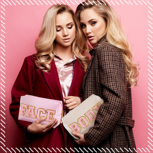 Patelai 2 Pcs Preppy Makeup Bags, Chenille Letter Patch Bag Face Skin Hair Stuff Aesthetic Travel Organizer