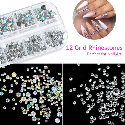 Rhinestones 1500PCS in 6 Sizes, Flat Back Nail Gems with Tweezers and Dotting Pen for Nails, Makeup, Crafting