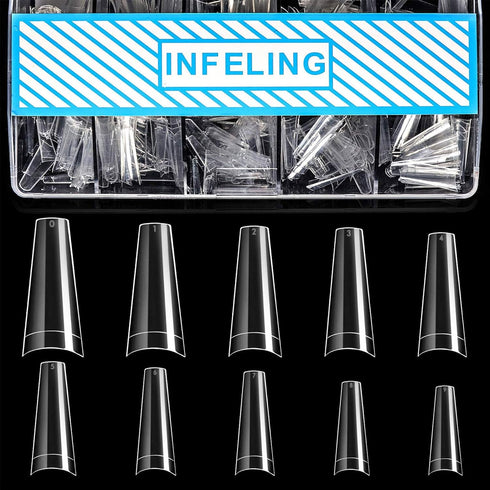 INFELING Clear Coffin Nail Tips - 500pcs Half Cover Ballerina French Nail Tips with Box for Acrylic Nails