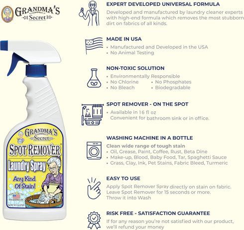 Grandma's Secret Spot Remover Laundry Spray, Chlorine and Toxin-Free Stain Remover for Clothes, 16 Oz, 3 Pack