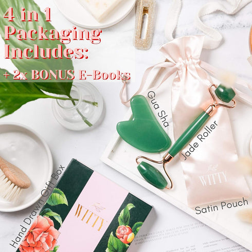 WITTY Jade Face Roller and Gua Sha Set - Beauty Massage Tools in Hand-Drawn Giftbox, Extra Pouch
