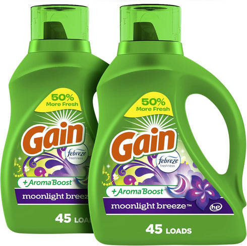 Gain + Aroma Boost Laundry Detergent Liquid Soap, 45 Loads, 65 Fl Oz (Pack of 2) | Moonlight Breeze Scent, HE Compatible