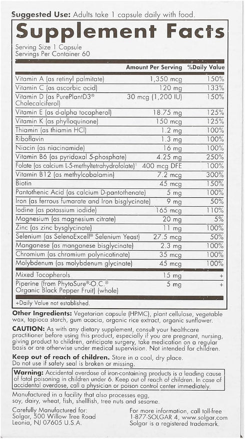 Immune, 60 Solgar One Daily Women's Multi Whole Body Support Highly Absorbable Delayed Release Vitamin for Women