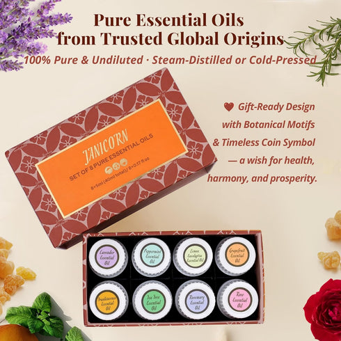 Set, 8 5 ml Essential Oils Gift x Pure Aromatherapy Oils with Rose, Frankincense, Lavender, Tea Tree, Peppermint, Lemon
