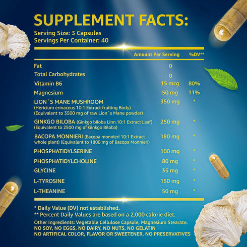 Organic Lions Mane Supplement Capsules - 240 Real Mushrooms Lion's Mane Capsules with Ginkgo Biloba & Bacopa Monnieri -
