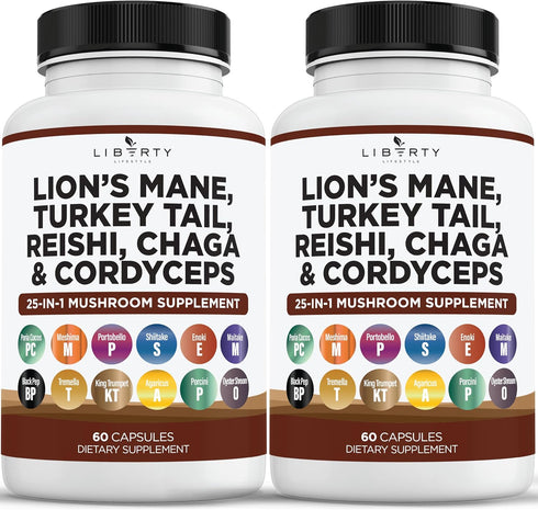 Lions Mane 3000mg 20in1 Mushroom Supplement - 2 Pack - with Turkey Tail 2000mg, Reishi 1000mg, Cordyceps, Chaga,