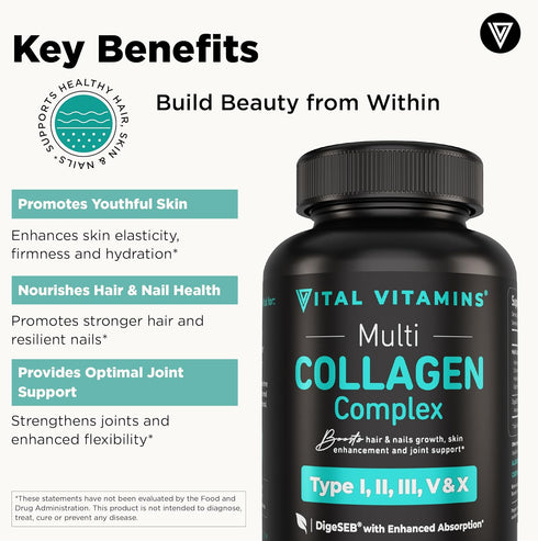Vital Vitamins Multi Collagen for Women & Men, Type I, II, III, V, X, Grass Fed, Non-GMO, 150 Capsules